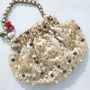 Silk, Glass CHAN LUU Beaded Evening Bag Metal Kiss Lock Jeweled Enamel Lampwork